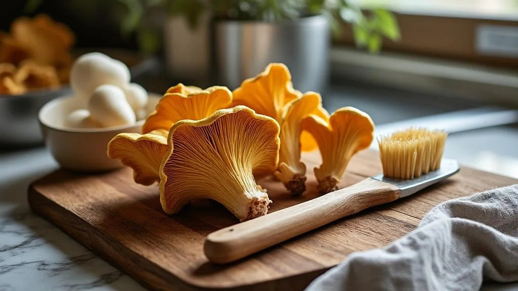 Cuisine des girolles avec brosse douce et chiffon humide pour nettoyage délicat et cuisson parfaite