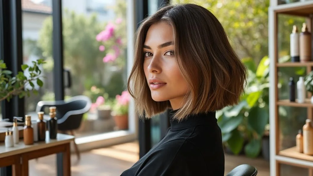 Femme avec carré plongeant écoresponsable élégant, brillant et parfaitement stylé en salon moderne