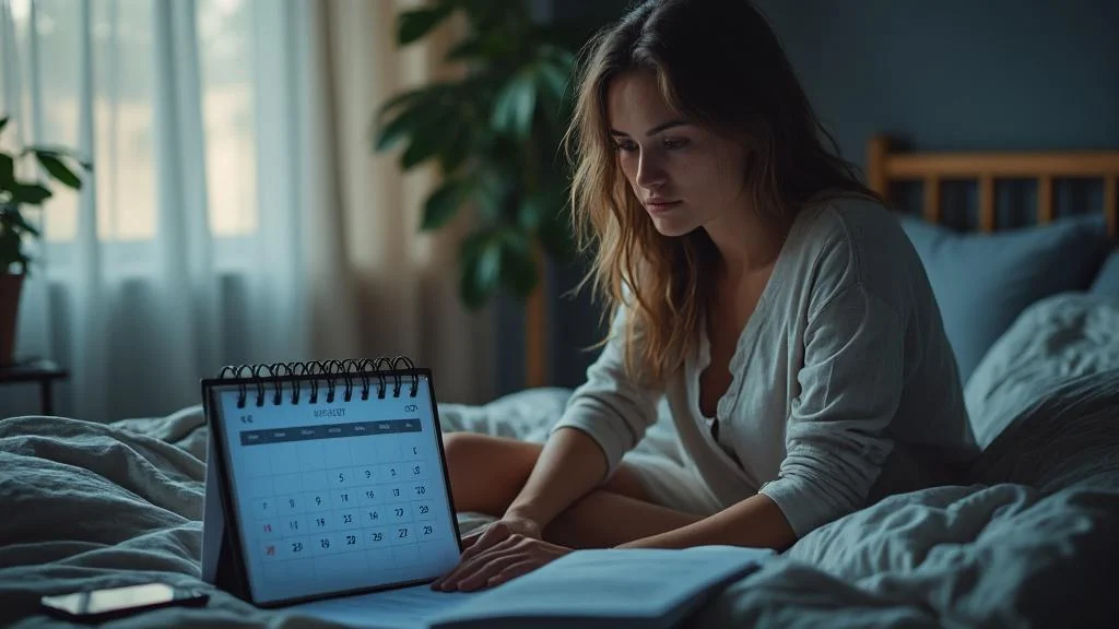 Femme stressée assise sur un lit, regardant un calendrier marquant le retard des règles sous stress
