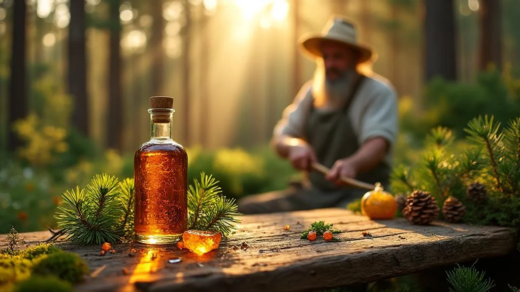 Flacon d'huile de Haarlem naturel en forêt de pins illustrant ses bienfaits et production durable