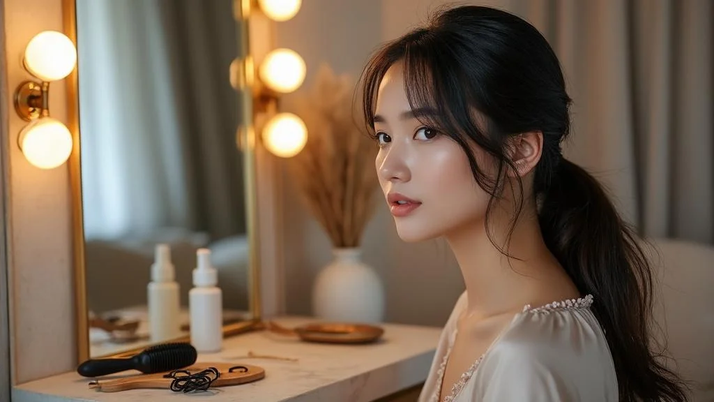 Jeune femme coiffant ses cheveux gras en queue-de-cheval basse, style pratique et élégant