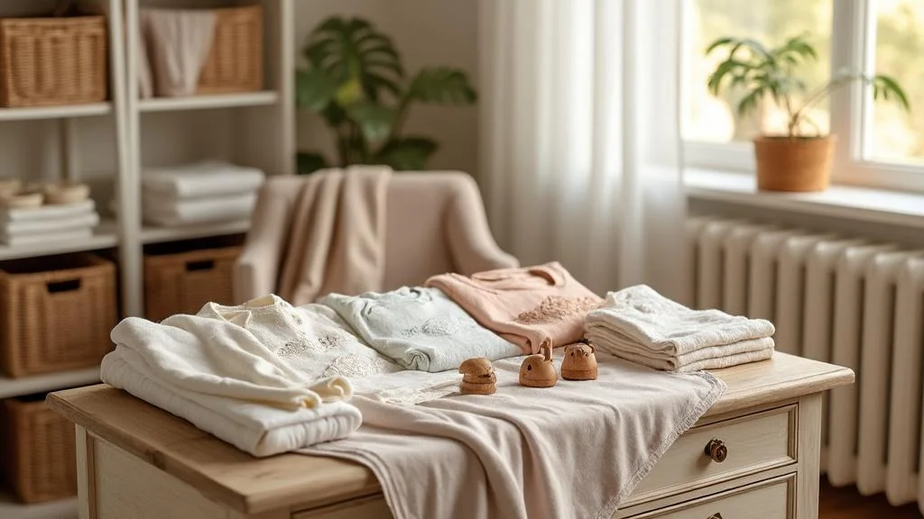 Layette bébé artisanale en pastel dans une chambre douce, préparant l’arrivée du nouveau-né avec soin et tendresse