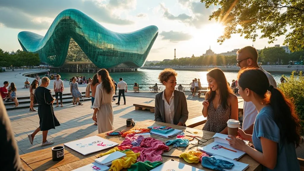 Vue hyper-réaliste de la Cité de la Mode à Paris mêlant architecture, création textile et vie urbaine animée