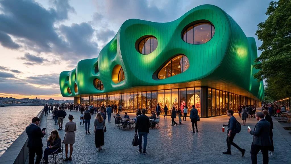 Vue hyperréaliste de la Cité de la Mode, mêlant création, patrimoine et vie urbaine à Paris